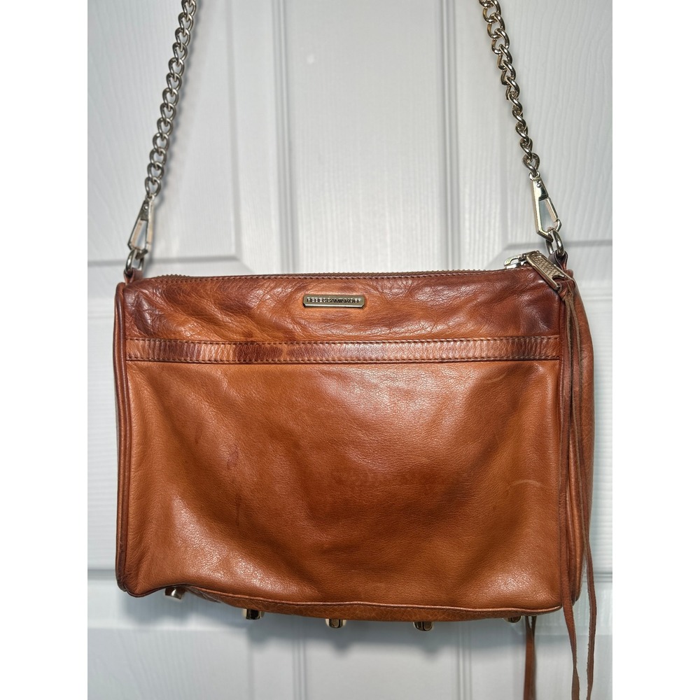 Rebecca Minkoff MAC Clutch Crossbody Bag Cognac Brown Leather Silver Hardware